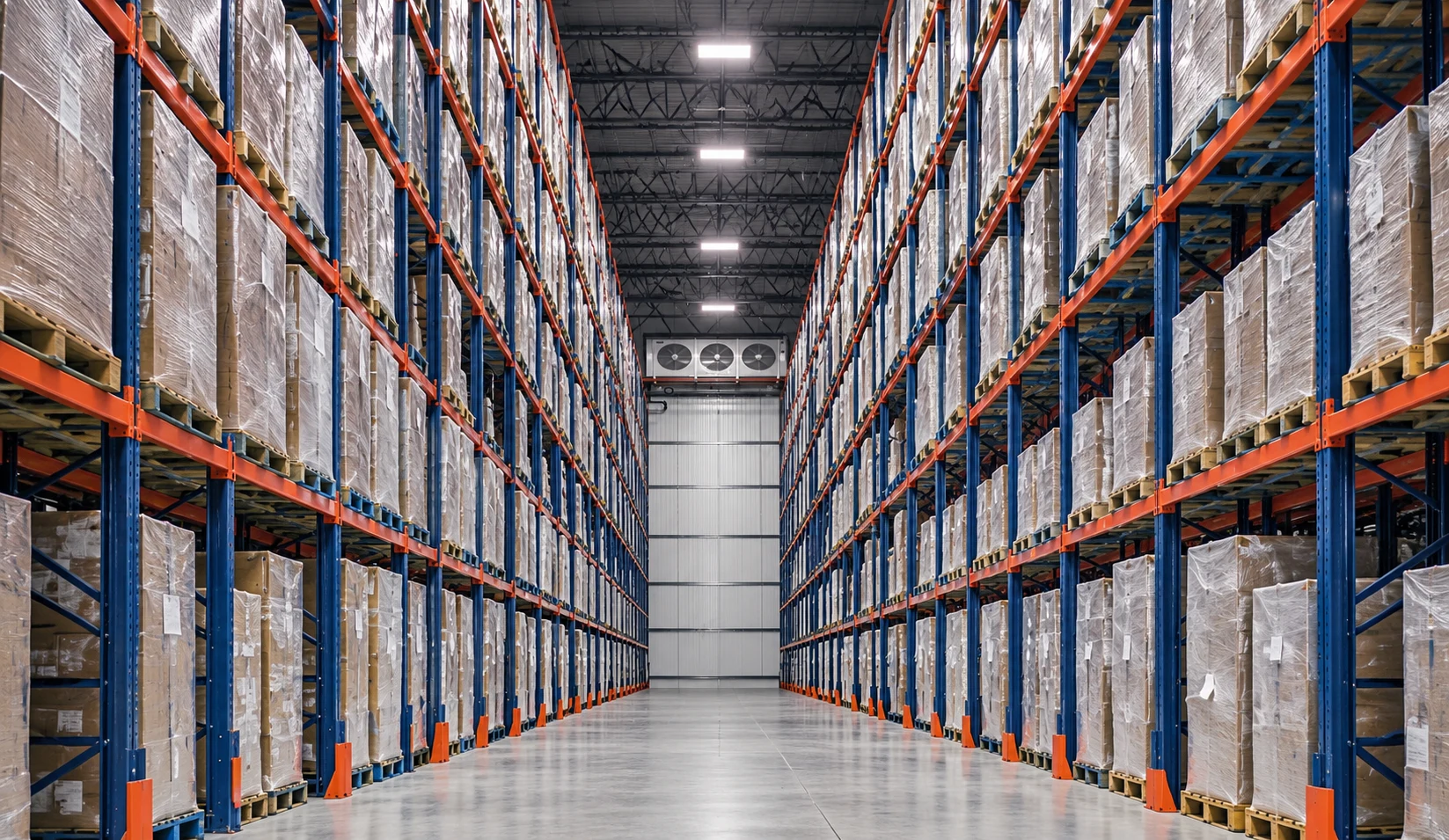 Palletised goods arranged on tall racks along a warehouse aisle