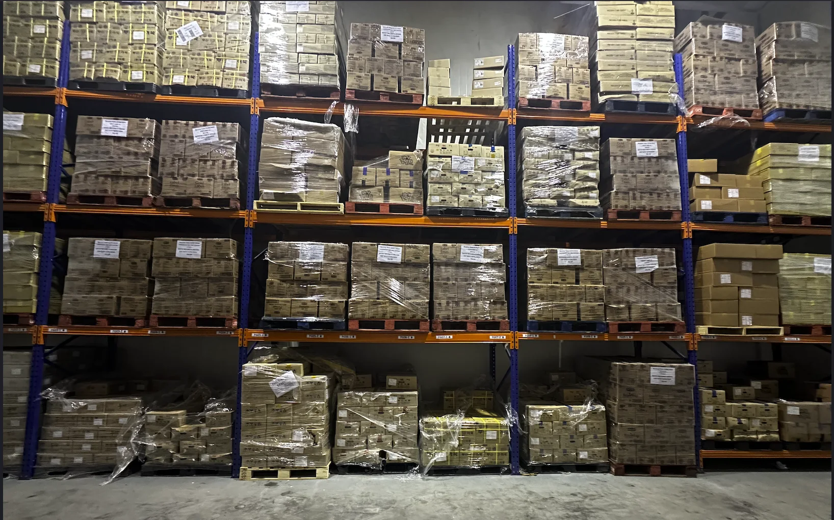 Palletised inventory stored on racking inside Frostbyte’s warehouse